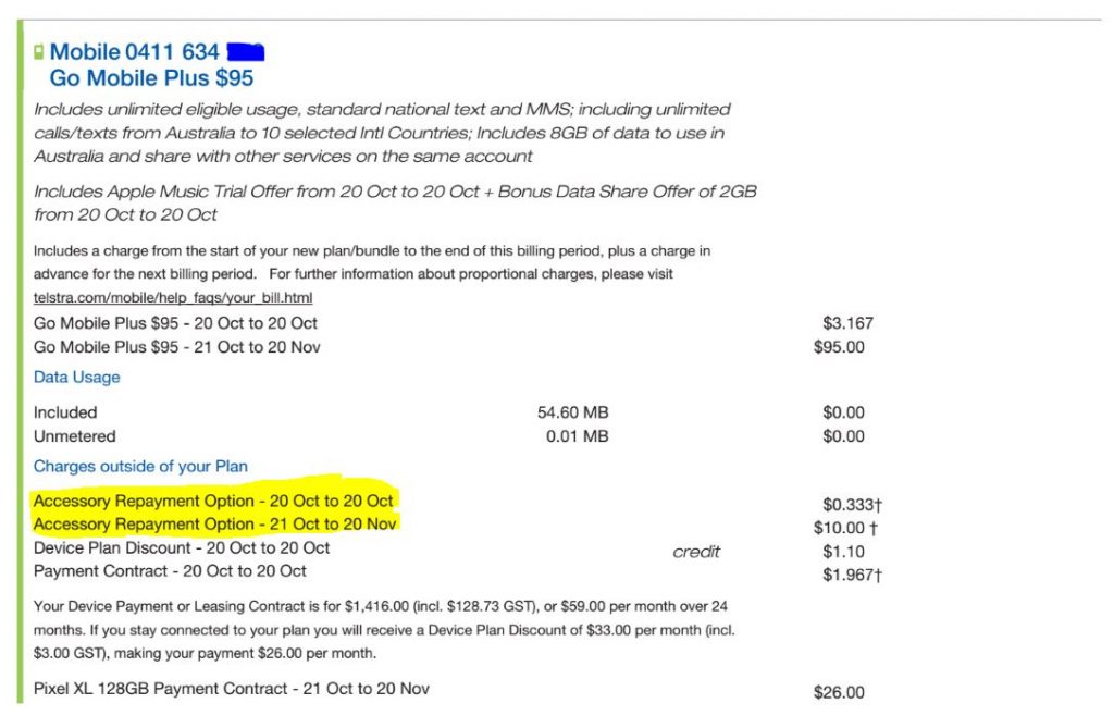 Telstra Bill with Accessory Repayment Option Added